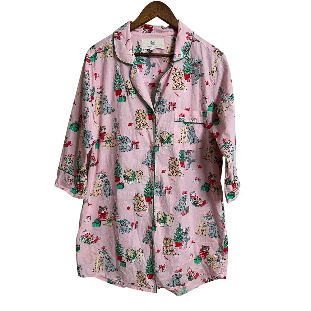 Printfresh x The Hiltons Christmas Poodle Party Sleep Shirt Dress  Womans Small